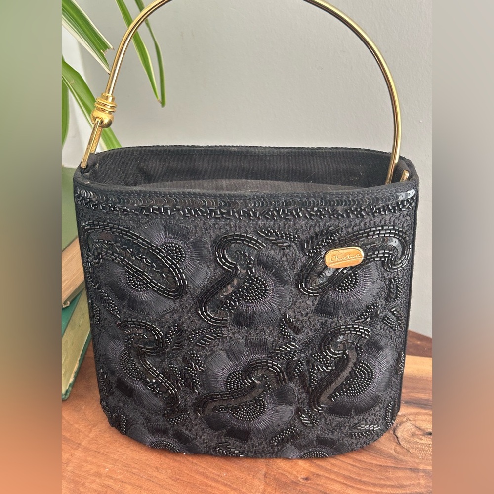 Christina Vintage Black Beaded sequin Handbag with gold handle